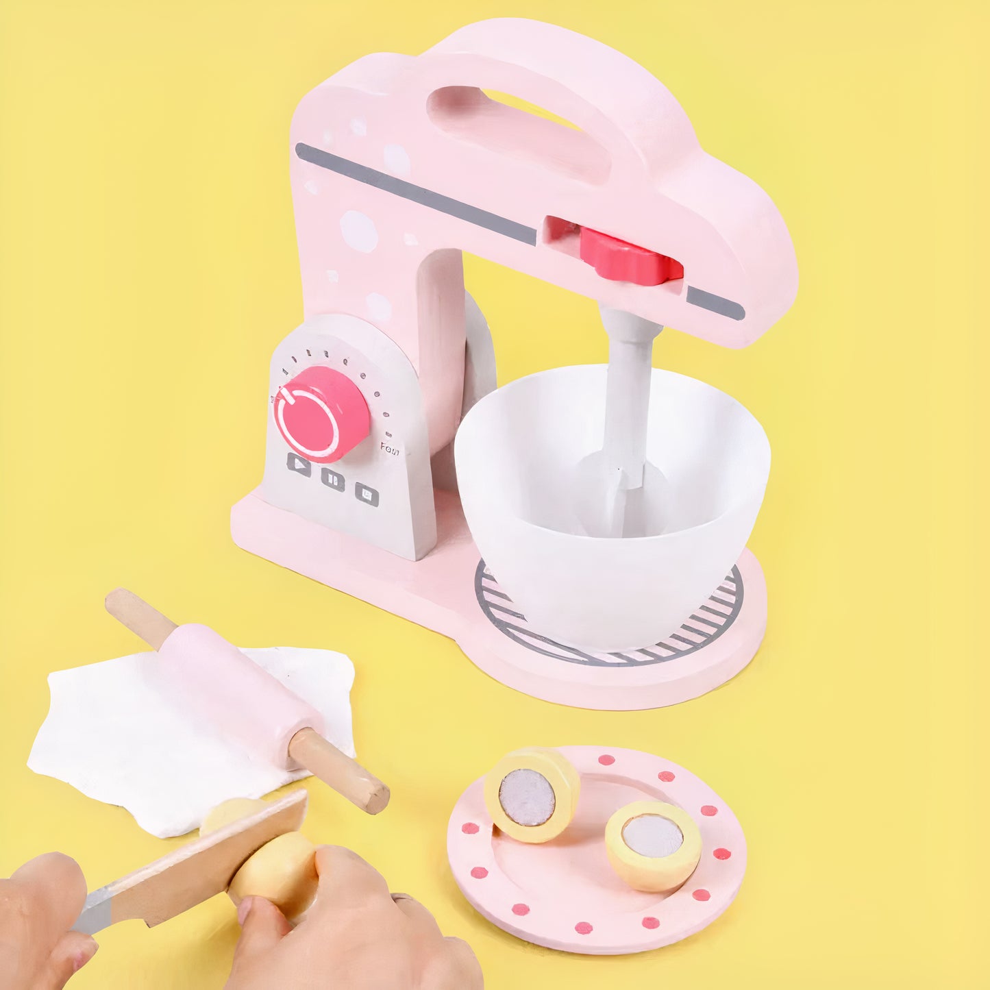 Wooden Mixer Play Set for Kids – Includes Rolling Pin, Knife, Plate & Dough