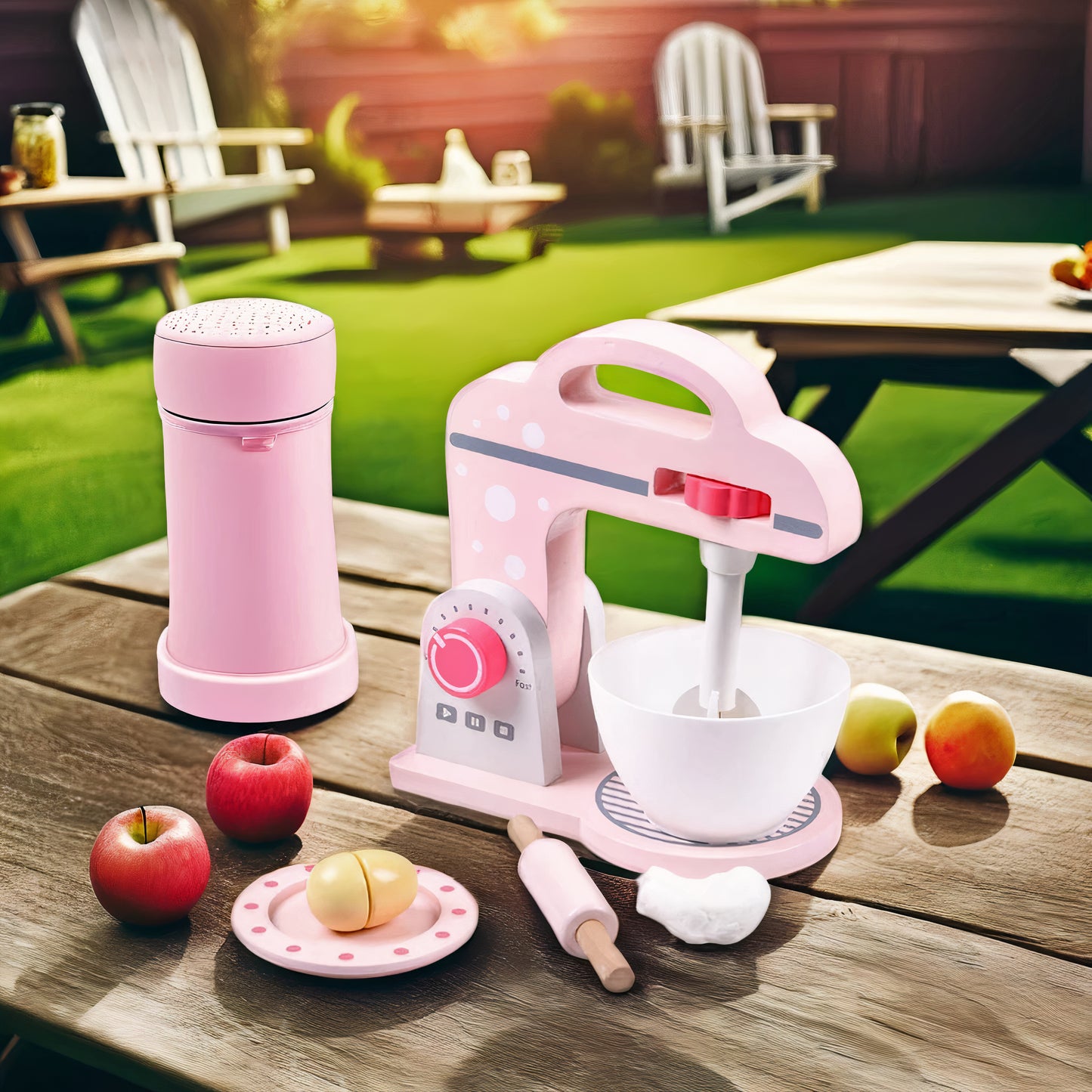 Wooden Mixer Play Set for Kids – Includes Rolling Pin, Knife, Plate & Dough